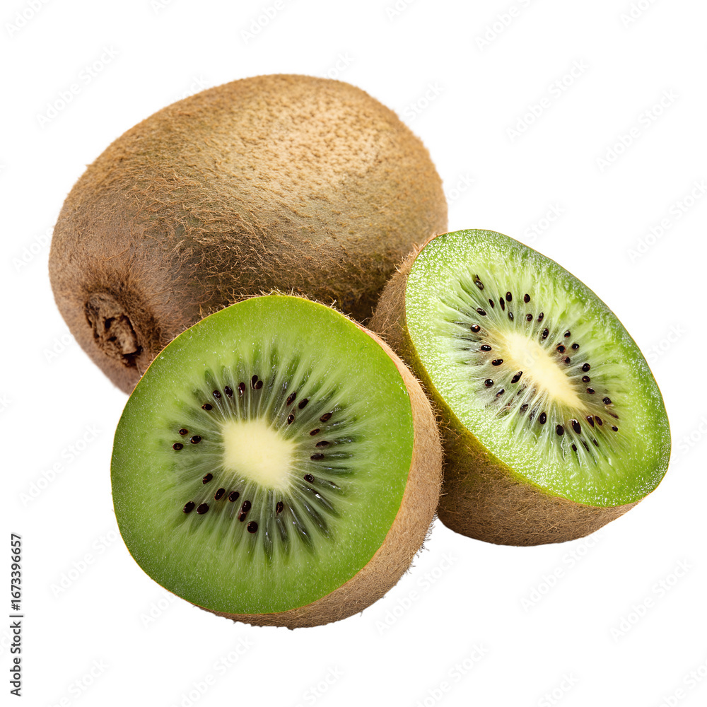 Obraz premium Whole kiwi fruit and two fresh cut halves are isolated on transparent background, showing vibrant green flesh and small black seeds.