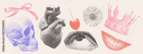 Halftone photocopy collage set. Skull, bow, human heart, cherry, chamomile, eye, crown and mouth in bitmap stipple style. Vintage pop art elements with grainy dotted texture.