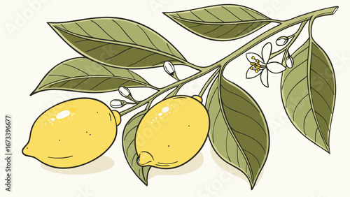 Lemon Branch with Fruits and Blossoms.