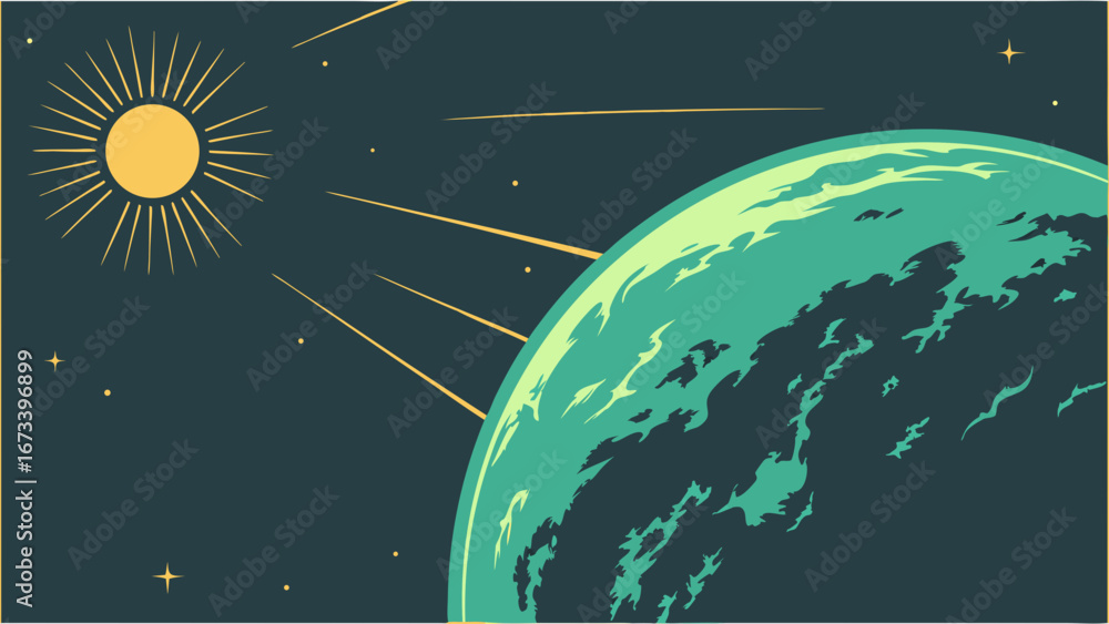 Naklejka premium Cosmic Illustration of Sun and Planet.