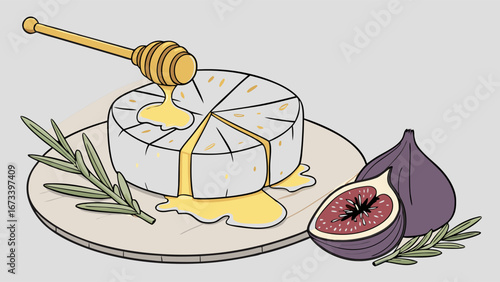 Wheel of cheese with honey and figs delicious food illustration appetizer gourmet culinary design.