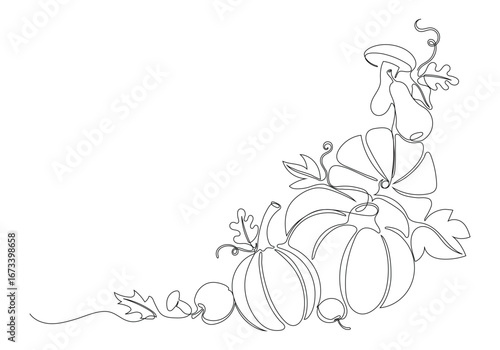 Autumn pumpkin in one continuous line drawing. Halloween and Thanksgiving greeting card in simple linear style. Fall harvest in editable stroke. Doodle vector illustration