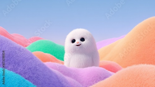 Smiling fuzzy white ball among colorful soft shapes. Artificial intelligence image