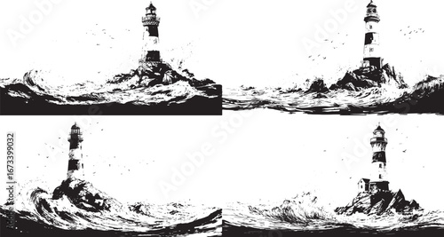 Hand-drawn lighthouse on a rock with waves, isolated on a white background. Vector illustration. Hand-drawn lighthouse in the ocean for a travel poster or cover design, in a minimalist style.eps