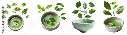 Four bowls of matcha tea with fresh green leaves floating around them, isolated on transparent background