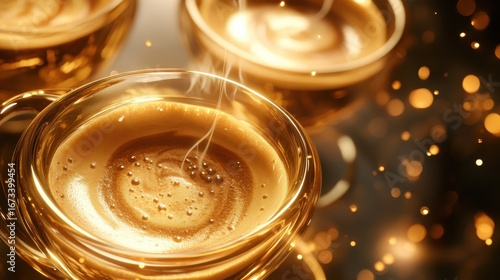 Steaming golden coffee in glass cups with bokeh lights, a luxurious and inviting beverage scene