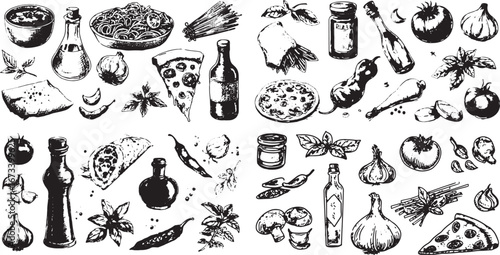 Hand-drawn vector icons set of Italian food ingredients, pasta, and pizza elements like tomato sauce, olive oil bottle, garlic bulb, basil leaf, Italian oregano leaves.eps