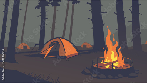 Camping scene in the forest at night with tents and campfire.