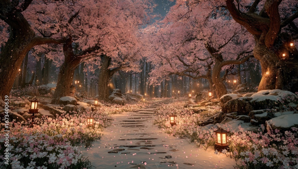 Obraz premium Snowy cherry blossom path at night