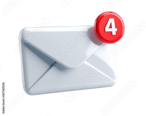  3D Glossy Envelope with Floating Number Badge, angled perspective, isolated on transparent background