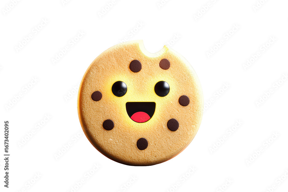 Fototapeta premium Cute Happy Cookie with Facial Features and Bite Mark on Transparent Background