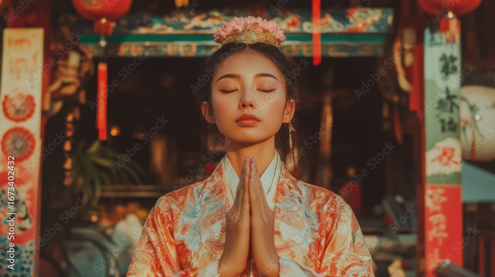 Obraz premium Asian woman in traditional clothing praying with closed eyes.