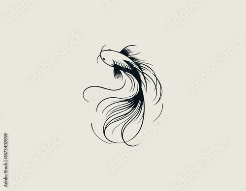 Graceful and elegant koi fish illustration with long, flowing fins and a delicate curving body. Nature concept