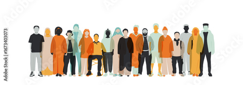 Different people stand side by side together. Modern design. Silhouettes of people.