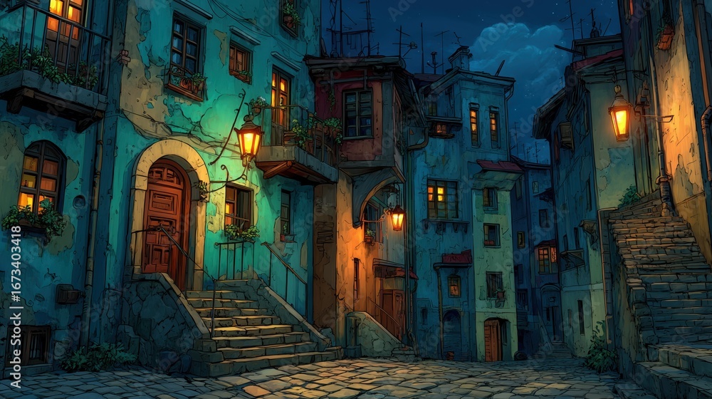 Fototapeta premium Charming old town street at night with glowing lights in colorful buildings.