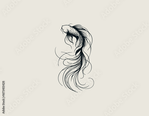 Graceful and elegant koi fish illustration with long, flowing fins and a delicate curving body. Nature concept