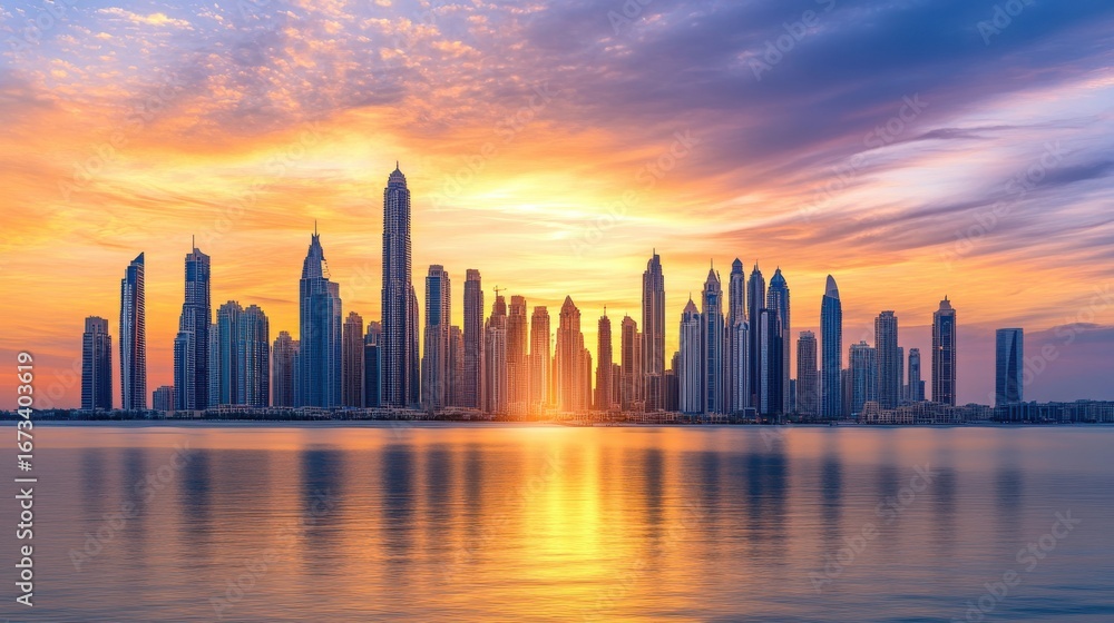 Fototapeta premium Golden sunset skyline reflection over calm waters