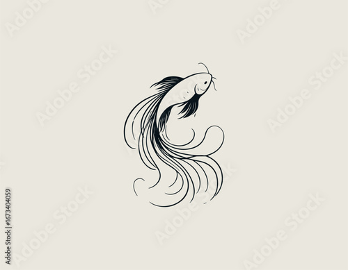 Graceful and elegant koi fish illustration with long, flowing fins and a delicate curving body. Nature concept