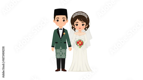 Elegant cartoon illustration of a Muslim bride and groom in traditional wedding attire holding hands, symbolizing love and commitment.
