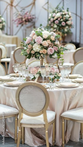 Elegant banquet table set for a wedding reception. Round tables adorned with floral centerpieces and fine dining ware. Soft lighting enhances the romantic atmosphere.