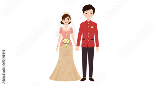 Cute illustration of a bride and groom in traditional wedding attire, symbolizing love, unity, and happiness.