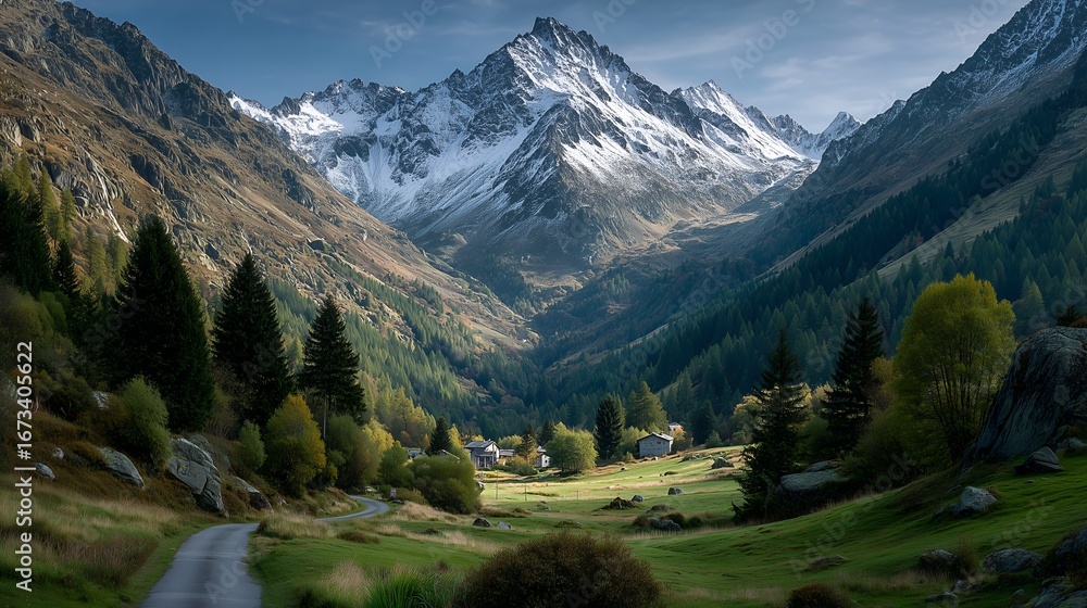 Fototapeta premium Swiss alpine village sunset street scene with snow mountains, golden hour aerial view, red roof houses green fields road, cinematic hyperrealistic landscape