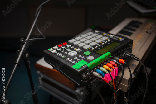 Professional sampler device with colorful cables for electronic music creation and performance