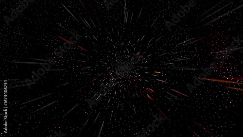 Black space background with streaks of light and glowing particles stars light streaks