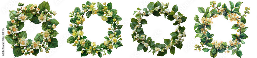 Fototapeta premium Four wreaths made of green leaves and small white flowers, isolated on transparent background