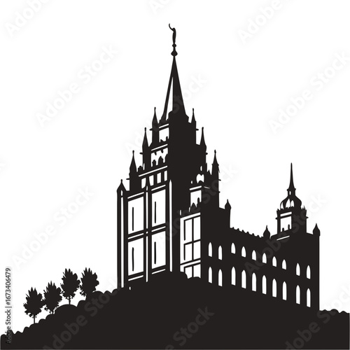 Silhouette of salt lake temple with trees and statue on top against a white background view created with generated ai