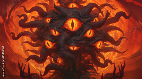 Abstract fiery creature with multiple eyes and swirling tentacles in a mystical, vibrant scene.,yog sothoth,