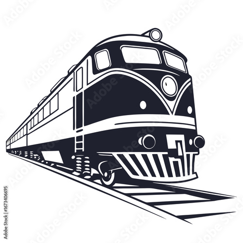 A detailed monochrome illustration of a classic train on tracks in a side view perspective design created with generated ai