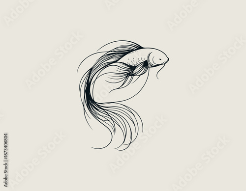 Graceful and elegant koi fish illustration with long, flowing fins and a delicate curving body. Nature concept