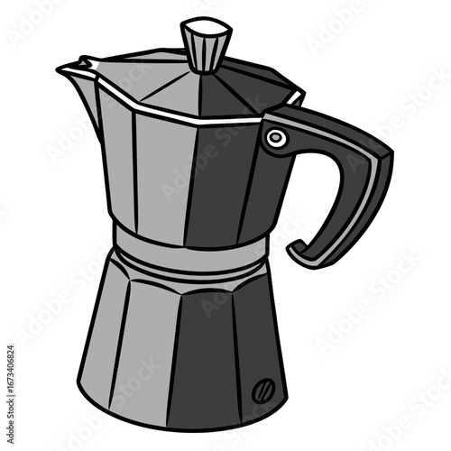 Illustration of a moka pot coffee maker with a black handle and silver body on a white background created with generated ai