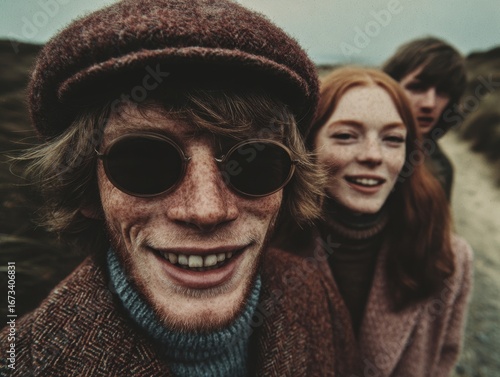 Group of Smiling Young Friends in Retro Outfits Walking on a Winding Nature Path During an Overcast Day, Featuring Freckles, Round Glasses, and Vintage Autumn Clothing in Earthy Tones
