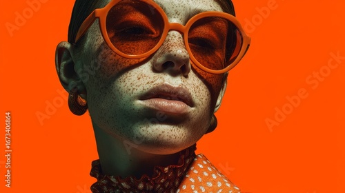 Confident Woman with Freckles Wearing Bold Round Orange Sunglasses and Retro Polka Dot Outfit Against Bright Orange Backdrop in High-Contrast Editorial Fashion Portrait with Vintage Aesthetic