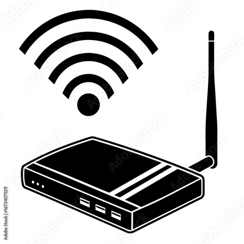 Illustration of a black wireless router with antenna and wifi signal icon above it in monochrome style created with generated ai