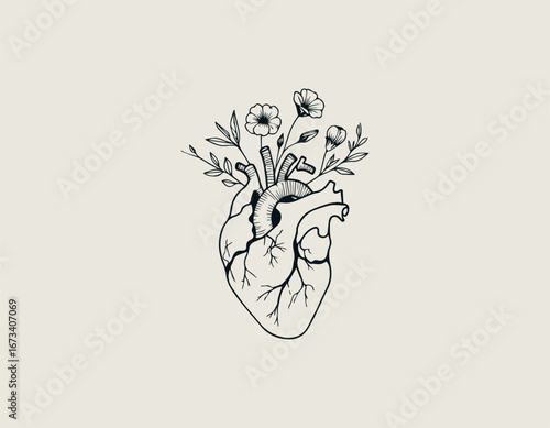 Delicate anatomical heart adorned with blossoming flowers and intricate botanical elements. Nature concept