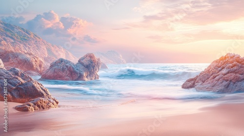 Pastel dreamy beach at sunrise with rocky coastline