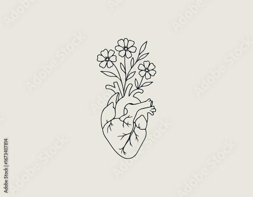 Delicate anatomical heart adorned with blossoming flowers and intricate botanical elements. Nature concept