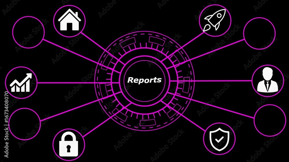 Fototapeta premium Abstract Diagram of Reports with Icons and Connecting Lines on Black Background infographic data