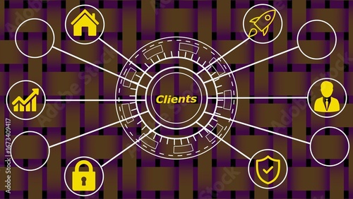 Photos Client relationship diagram with yellow icons including house rocket graph lock