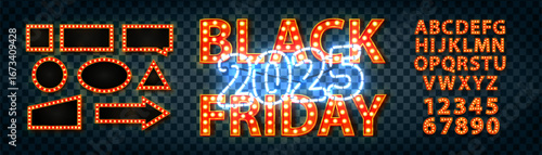 Vector marquee neon sign of Black Friday 2025 with neon alphabet isolated on transparent background.