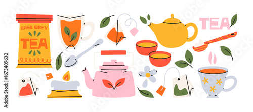 Traditional Chinese tea ceremony set in retro cartoon. Teapots, cups, tea bags, herbal leaves, kettle, spoon and brewing accessories. Cultural illustration of Chinese gongfu tea ritual. 