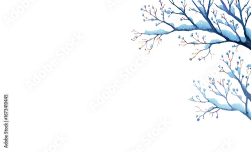 watercolor snowy tree branch png. Frame with a winter tree branch covered with a layer of snow. Blank template for winter and Christmas decorations. Watercolor winter vector illustrations.