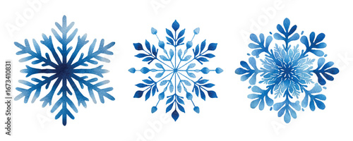 Watercolor set of blue snowflakes. Snow icons. Snow and snowflake symbols. Winter and Christmas elements in watercolor. Snowflake pattern. Vector illustration.