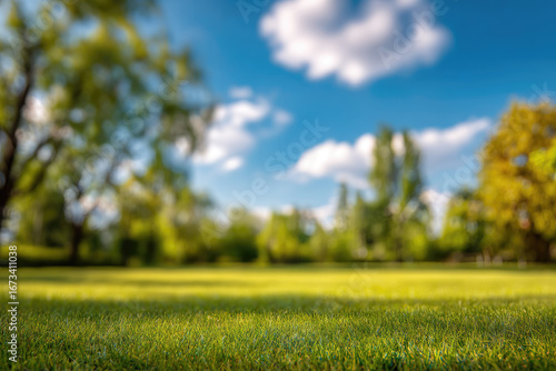Fototapeta Naklejka Na Ścianę i Meble -  
Beautiful blurred background image of spring nature with a neatly trimmed lawn surrounded by trees against a blue sky with clouds on a bright sunny day