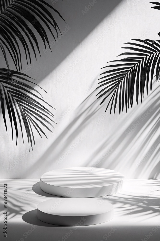 Obraz premium Minimalist white wall with palm leaf shadows and sunlight from window