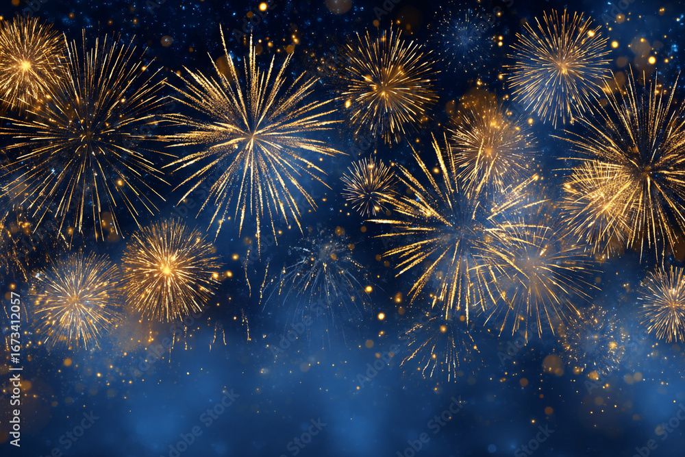 Fototapeta premium Golden fireworks explode in a dark blue night sky sparkling with light