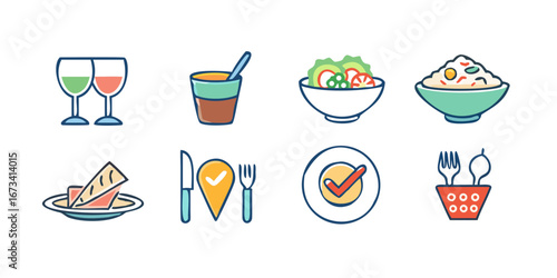 A vector illustration set of icons of summer food and drinks, including a cocktail, coffee, and wine glass